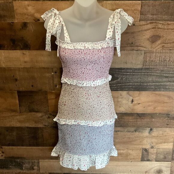 Storia Mini Dress Size Floral Colorblock Blue Pink Tan Square Neck Ruffled Hem S - Picture 7 of 7